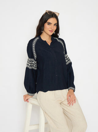 Madame Embroidered Navy Blue Rayon Blend Top