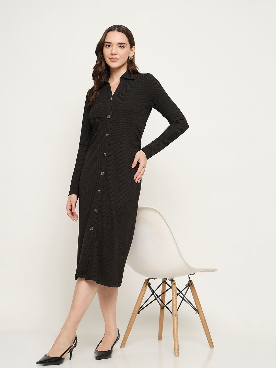 Madame Button Down Black Bodycon Midi Dress Madame Button Down Black Bodycon Midi Dress