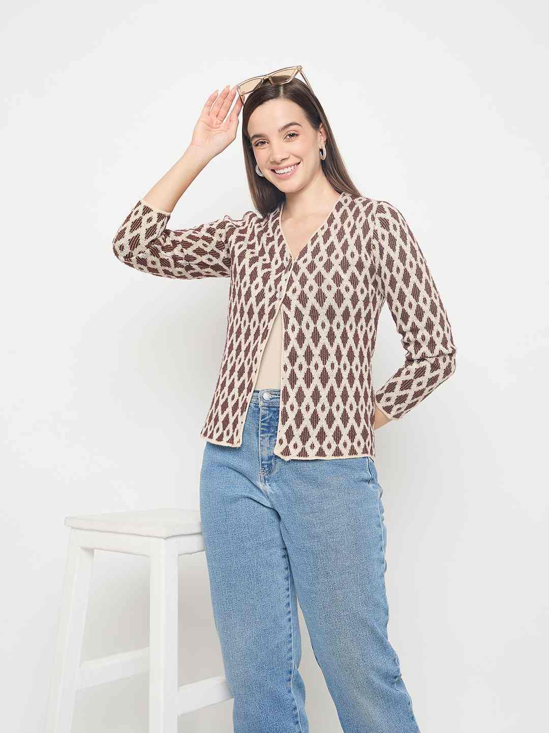 Madame Geometric Print Button Up Brown Cardigan color swatch