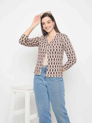 Madame Geometric Print Button Up Brown Cardigan
