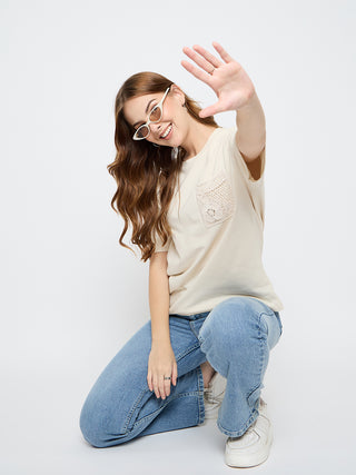 Madame Embroidered Patch Pocket Beige Cotton T-shirt