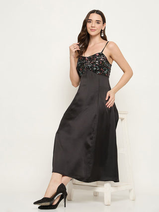 Madame Embroidered Midi Black Dress