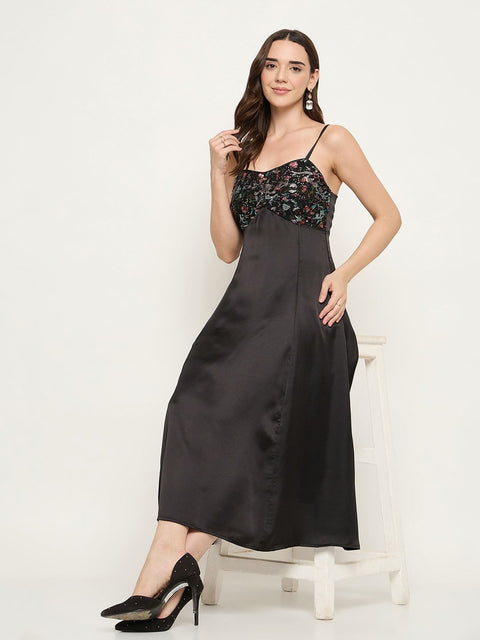 Madame Embroidered Midi Black Dress