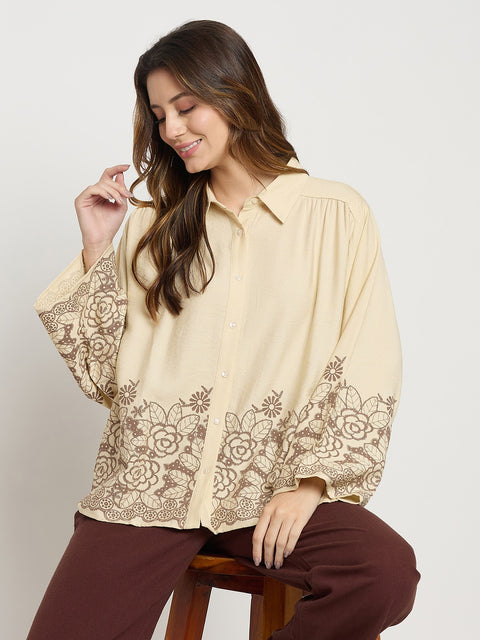 Madame Beige Embroidered Rayon Full Sleeve Shirt