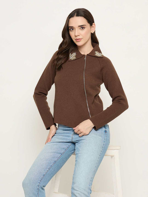 Madame Embroidered Collar Asymmetric Brown Sweater
