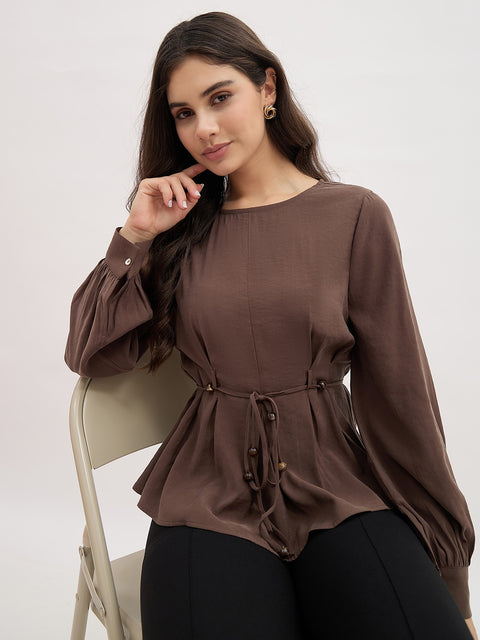 Madame Brown Cinched Waist Rayon Blend Top