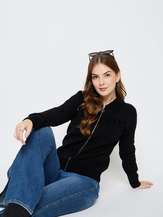 Madame Embroidered Zipped Black Sweater