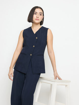 Madame Solid Straight Fit Navy Blue Trousers