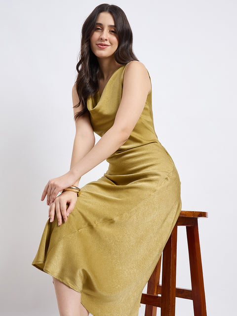 Madame Textured Cowl Neck Green Drape Dress