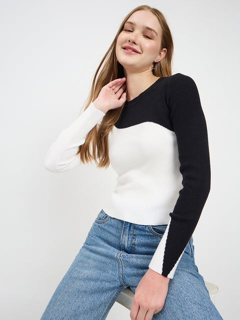 Madame Designer Colorblock Details Black Knit Top