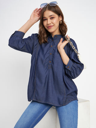Madame Button-Down Front Solid Dark Navy Cotton Top