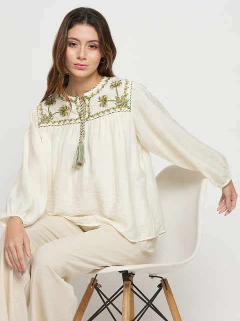 Madame Off White Viscose Embroidered Round Neck Puff Sleeve Tunic Top