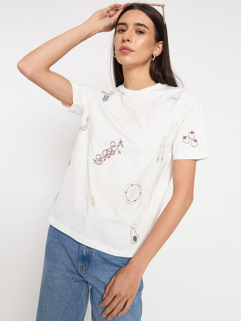 Madame White Printed Cotton Half-Sleeve T-Shirt