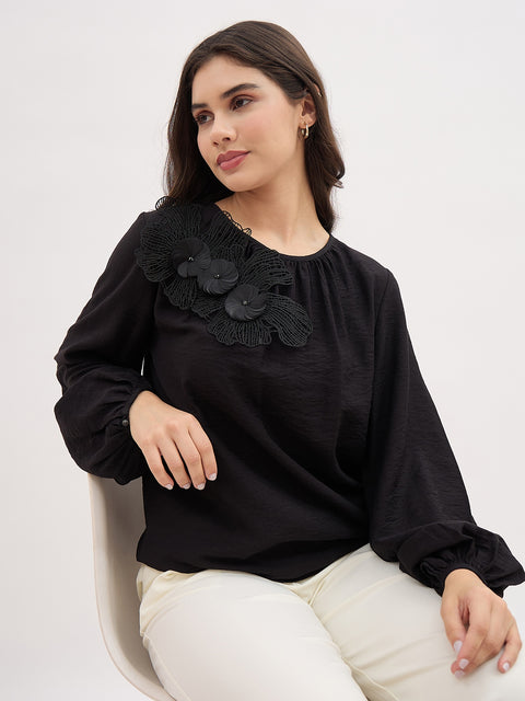 Madame Black 3D Floral Applique Crinkle Top
