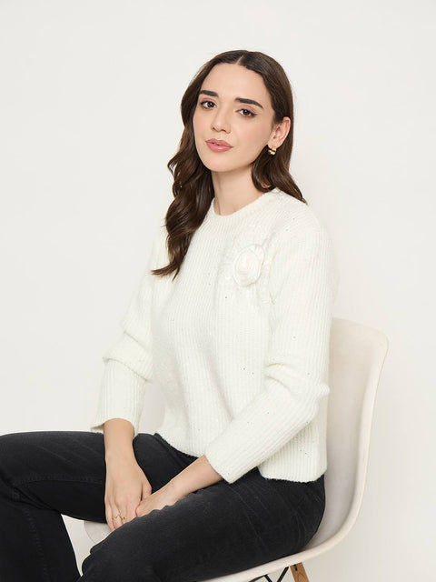 Madame Off White Solid Sweater