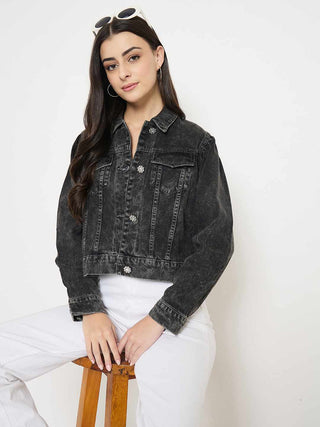 Madame Gray Wash Embellished Black Denim Jacket