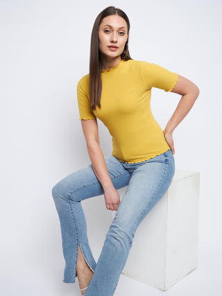 Madame Solid Mustard Yellow Lettuce Hem Top