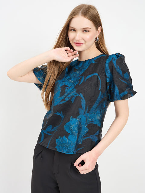 Madame Textured Teal Puff Sleeve Top
