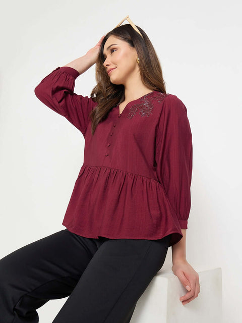 Madame Rayon Blend Wine Colour Peplum Top