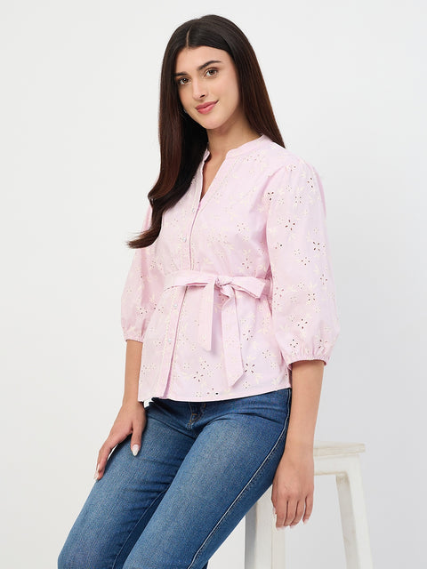 Madame Pink Belted Cotton Mandarin-Collar Top