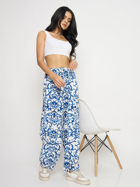 Madame Abstract Print Blue Rayon Palazzo Trousers