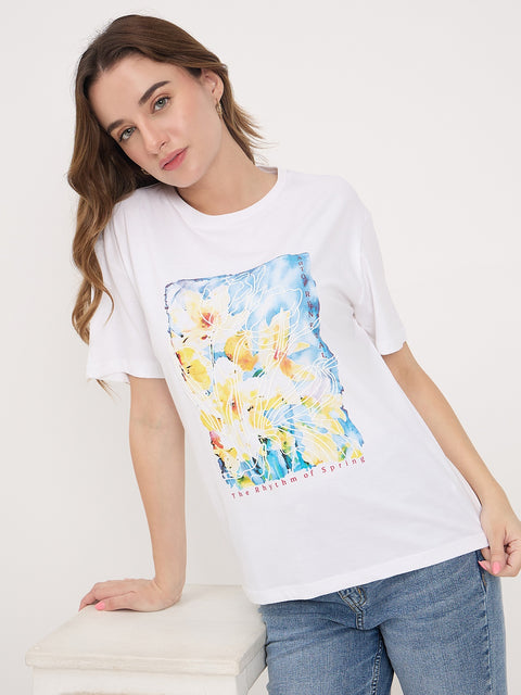 Madame White Graphic Print Cotton Round Neck T-Shirt
