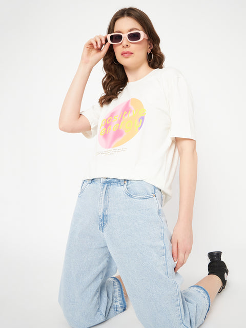 Madame Graphic Print Crew Neck White Cotton T-Shirt