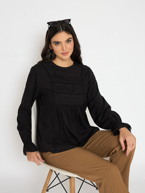 Madame Ruched Detail Black Viscose Top