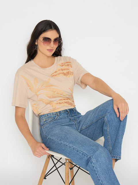 Madame Botanical Print Beige Cotton T-shirt