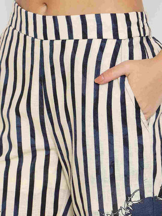 Madame Floral Print Top and Bottoms Striped Navy Blue Co-ord Set