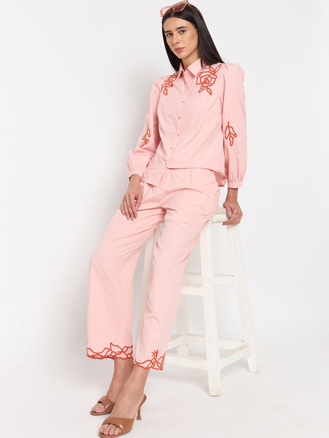 Madame Blush Pink Embroidered Cotton Trousers