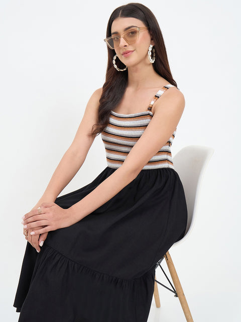Madame Black Rayon Linen Blend Midi Dress