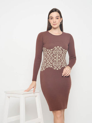 Madame Abstract Print Viscose Blend Coffee Brown Knitted Dress