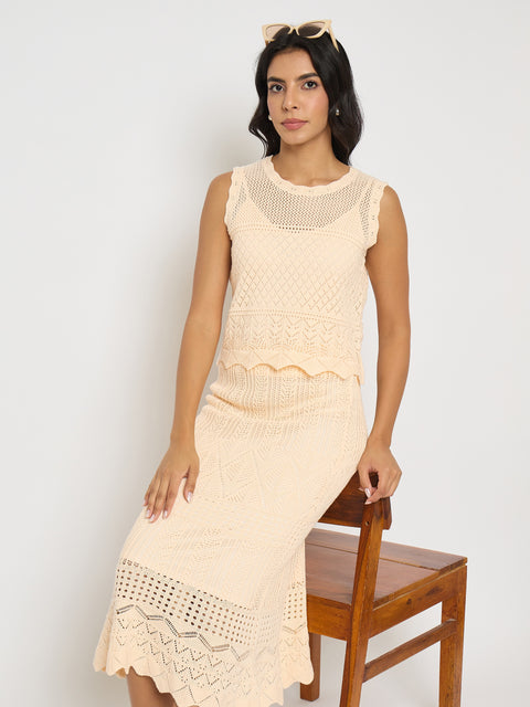 Madame Semi Sheer Top and Skirt Peach Cotton Co-ord Set