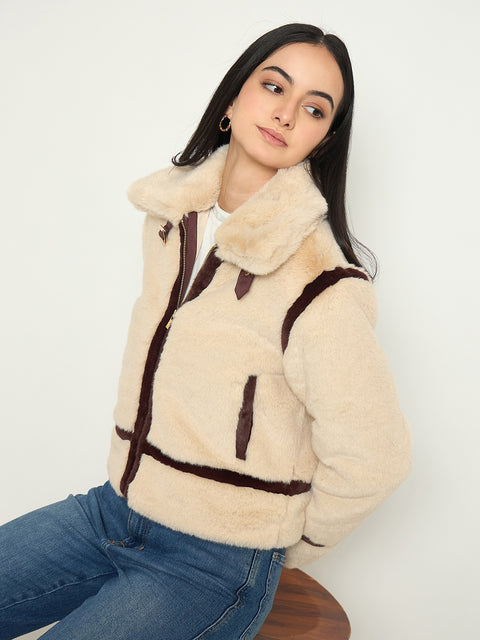 Madame Faux Fur Trim Beige Jacket with Contrast Seasms