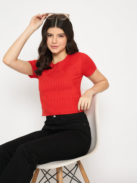 Madame Ribbed Sold Red Knitted Crop Top