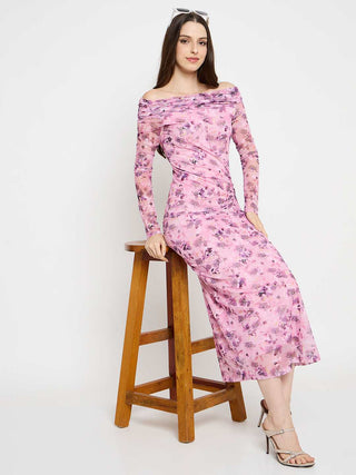 Madame Floral Print Off Shoulder Pink Maxi Dress