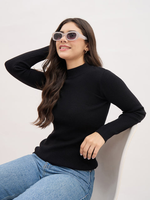 Madame Black Viscose Blend Full-Sleeve Basic Top