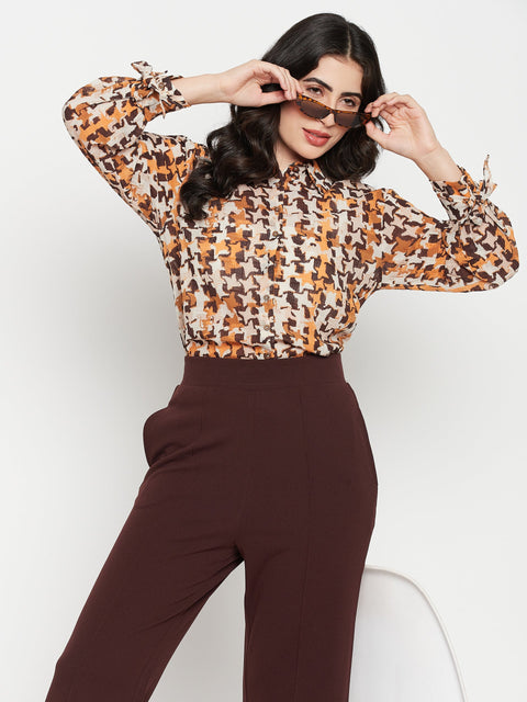 Madame Printed Beige Shirt With Cuff Sleeves