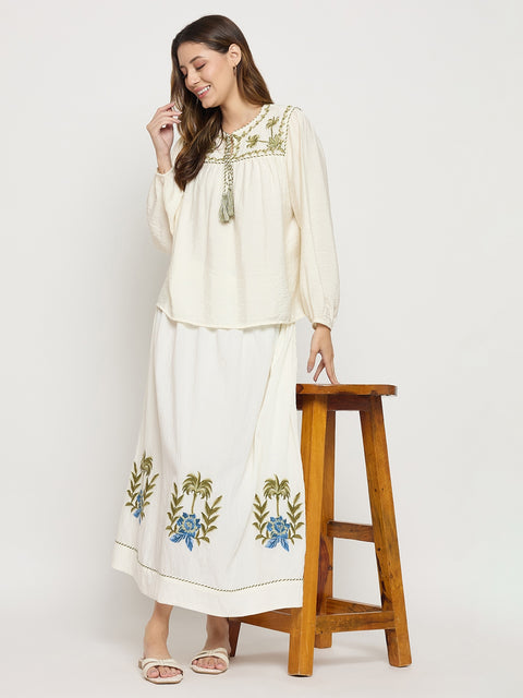 Madame Off White Viscose Blend Embroidered Skirt