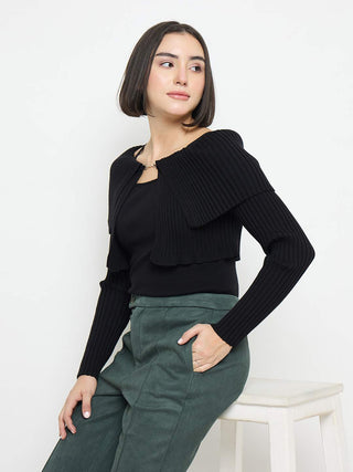 Madame Cami Neck Flutter Detailing Black Sweater