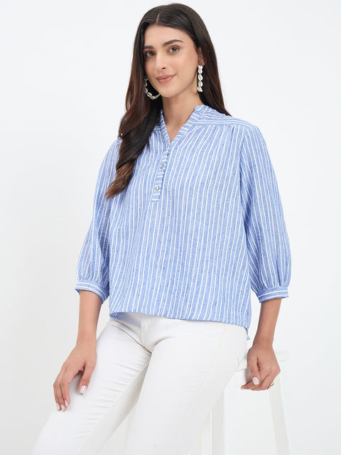 Madame Blue Striped Mandarin Top