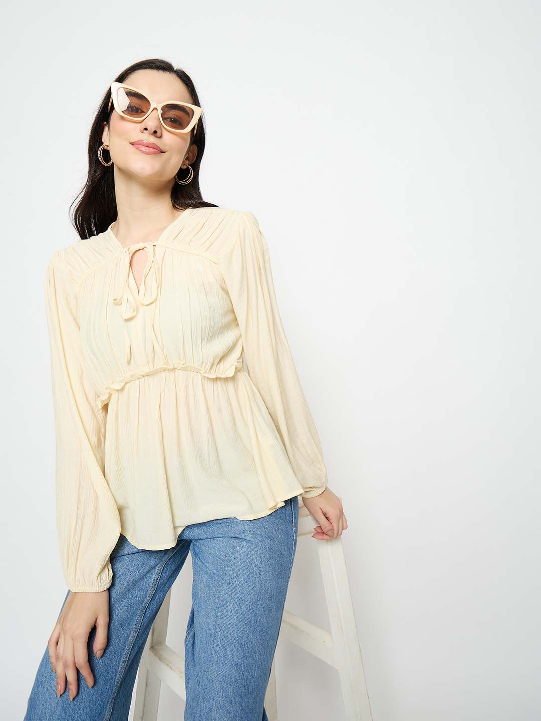 Madame Cinch Waist Off White Peplum Top color swatch