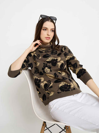 Madame Floral Print Turtleneck Olive Green Sweater