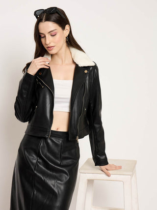 Madame Faux Fur Collar PU Leather Jacket