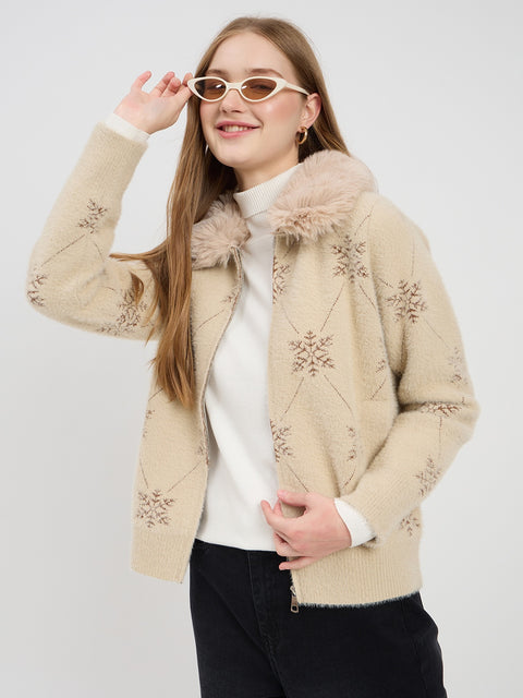 Madame Beige Printed Fur Collar Cardigan