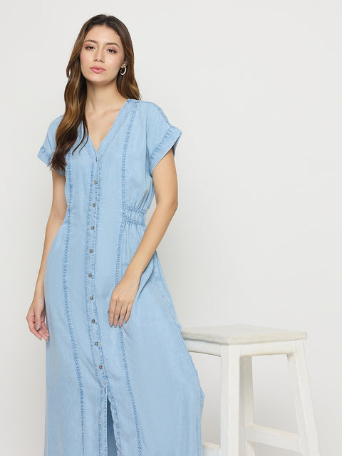 Madame Ice Blue Tencel V-Neck Short Sleeve A-Line Midi Dress