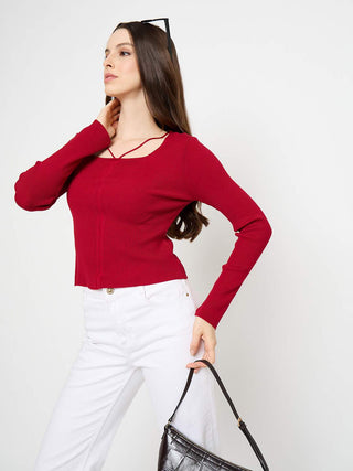 Madame Ribbed Knit Square Neck Red Crop Top