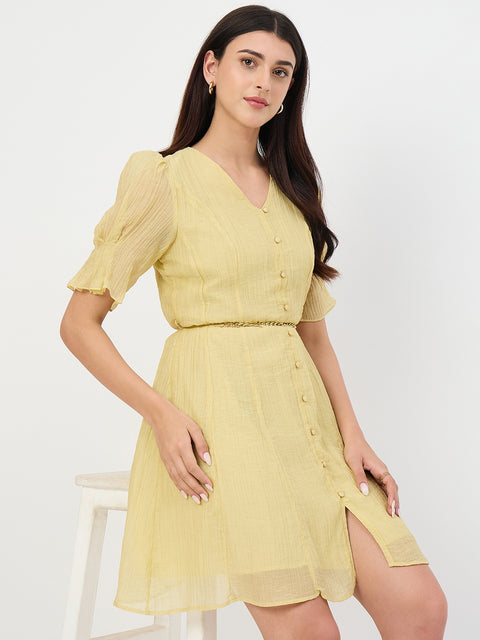 Madame Butter Yellow Fit and Flare Lyocell Dress with Chain Belt Madame Butter Yellow Fit and Flare Lyocell Dress with Chain Belt