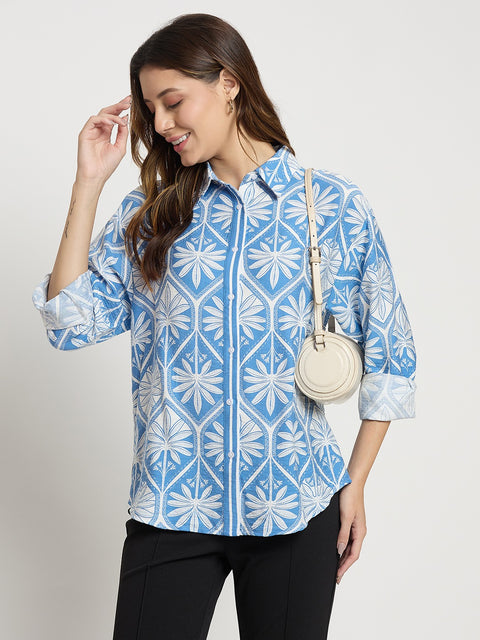 Madame Blue Printed Rayon Full Sleeve Shirt